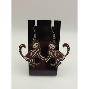 Skeleton Cat Dangle Earrings Wooden Gothic Halloween Cat Lover Jewelry